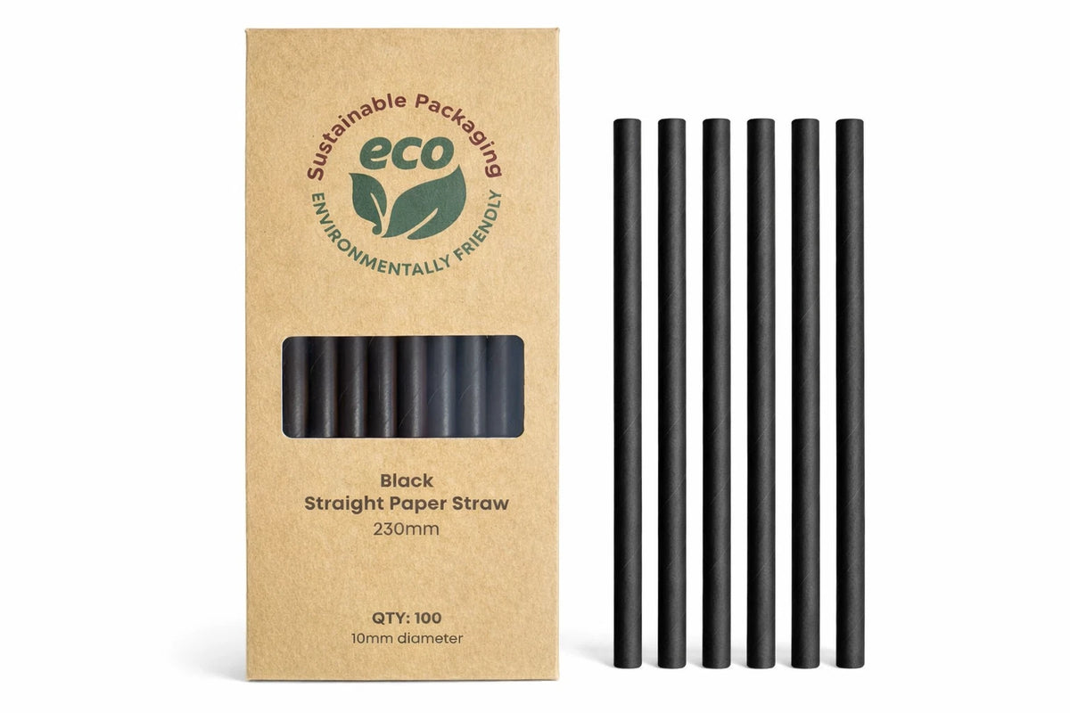 Black Straight Paper Drinking Straws 10 x 230mm - 100 Pack