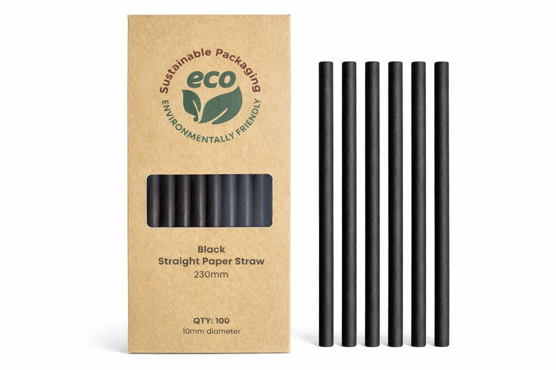 Black Straight Paper Drinking Straws 10 x 230mm - 100 Pack