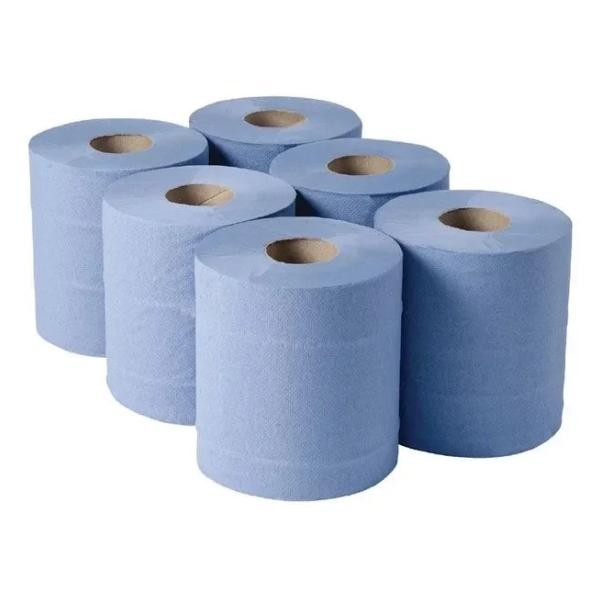 Blue 2-Ply Embossed Centre Feed Paper Wipe Rolls – 6 x 80m