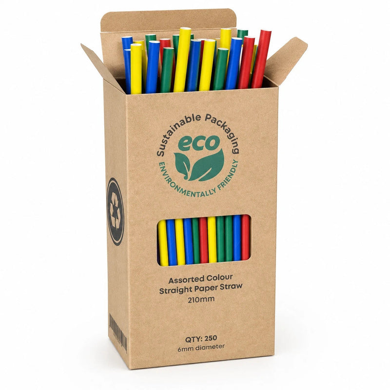 250x Assorted Colour Paper Straws 210mm Eco Friendly Party Drinking Straws