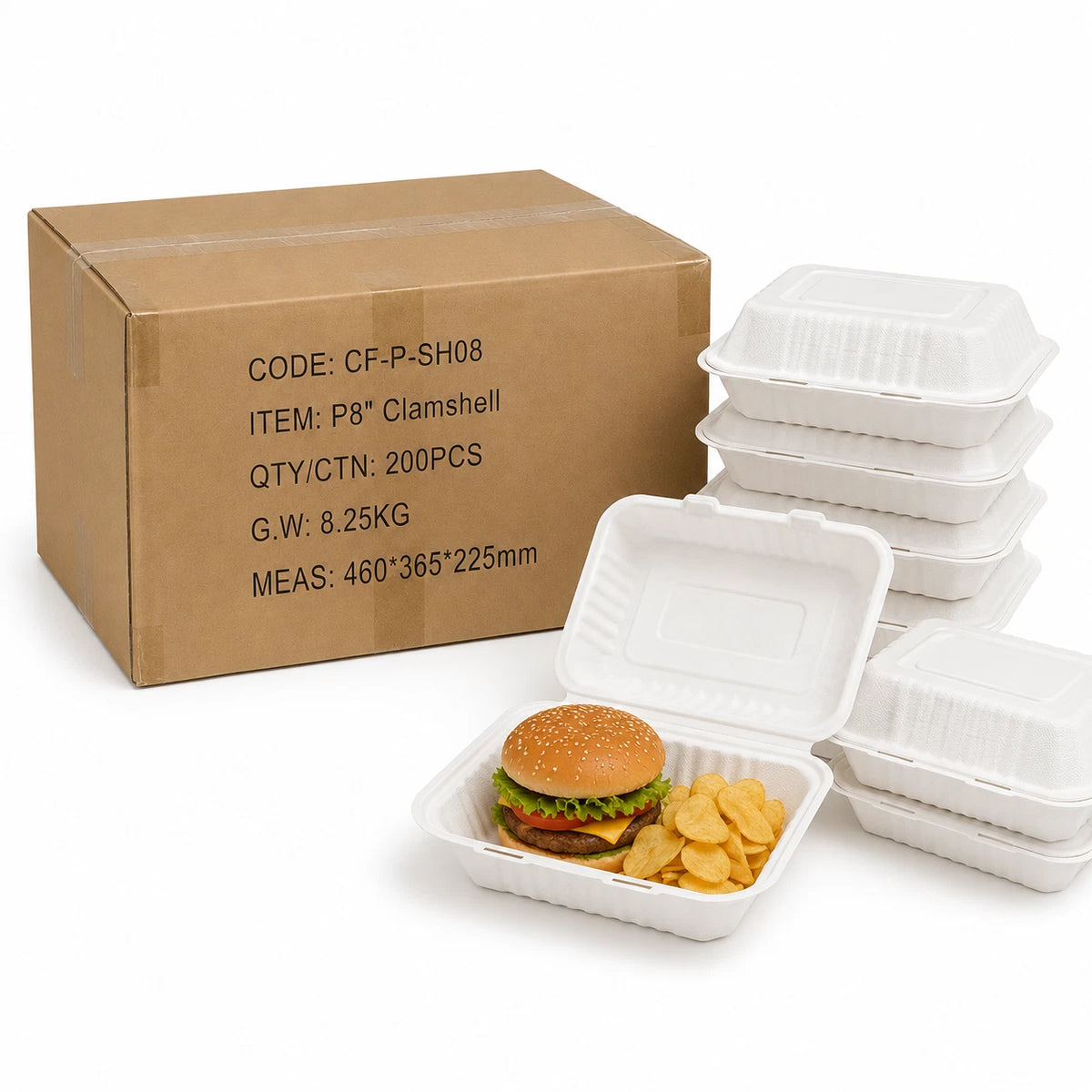 P8 White 8-Inch Clamshell Takeaway Food Boxes - 200 Pack