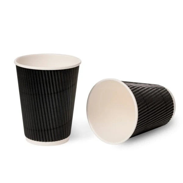 50 Black Ripple Wall Paper Coffee Cups 12oz Disposable Hot Drink Cups
