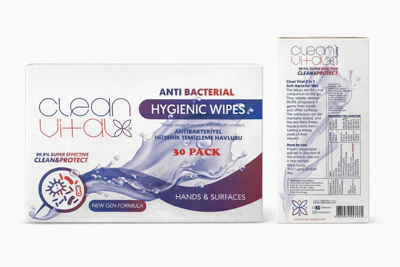 Clean Vital Antibacterial Hygienic Wipes for Hands & Surfaces, 30 Pack
