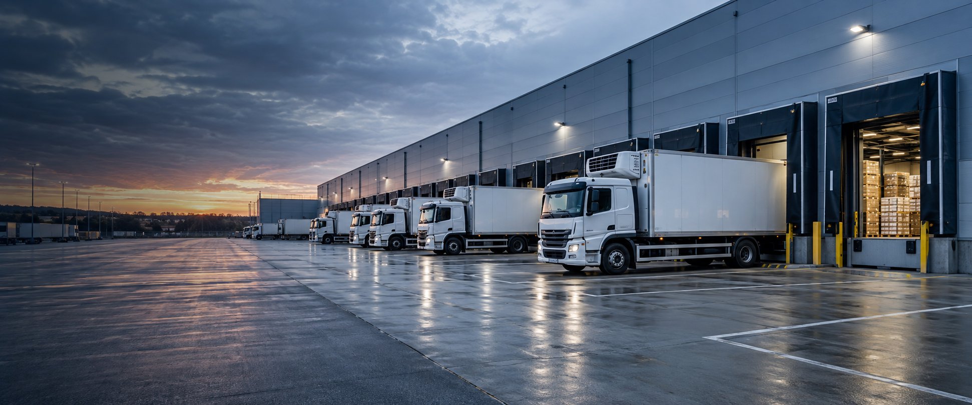 Illustrative foodservice distribution warehouse and delivery vehicles